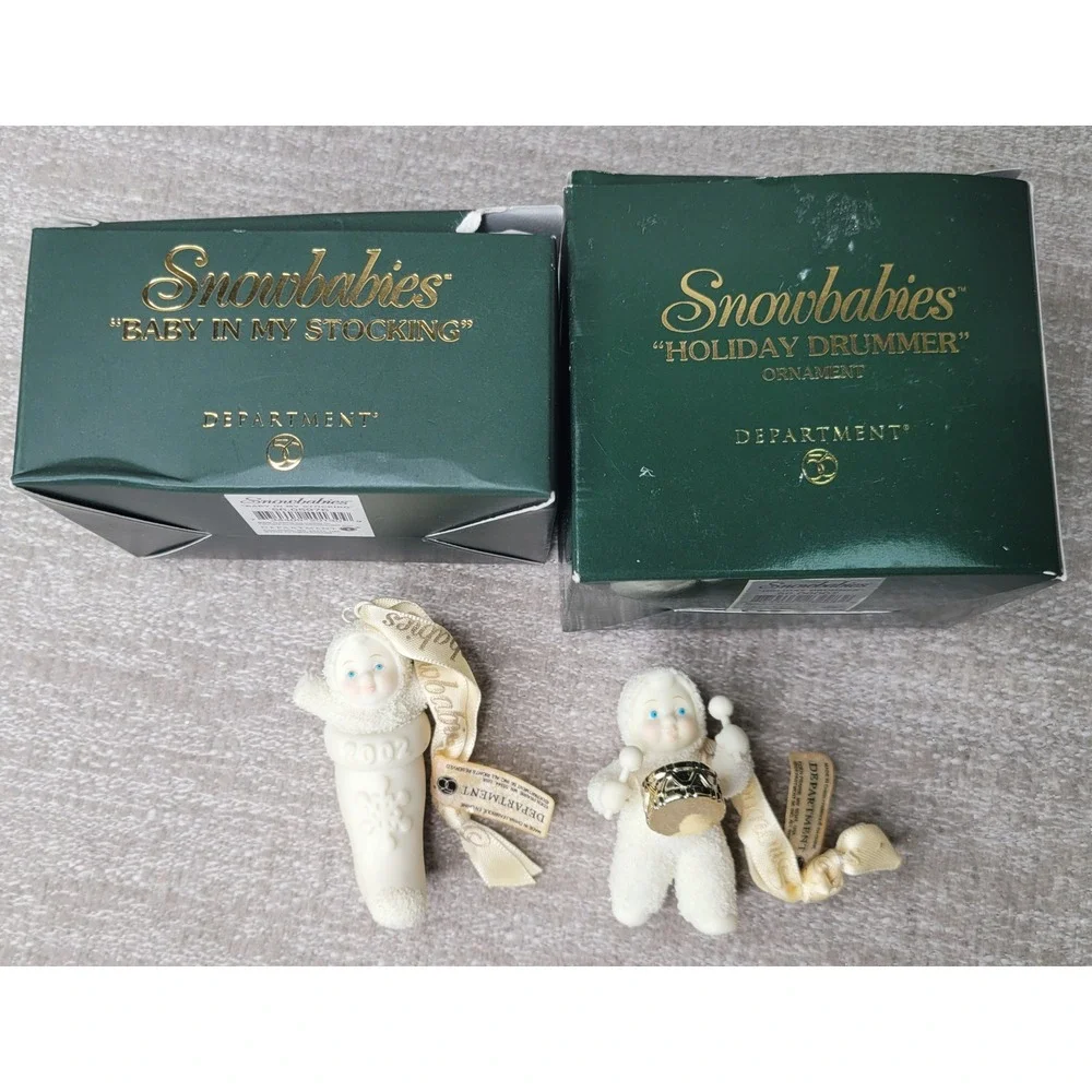 Dept 56 Snowbabies Ornaments Baby In My Stocking 2002 Holiday Drummer Set of 2